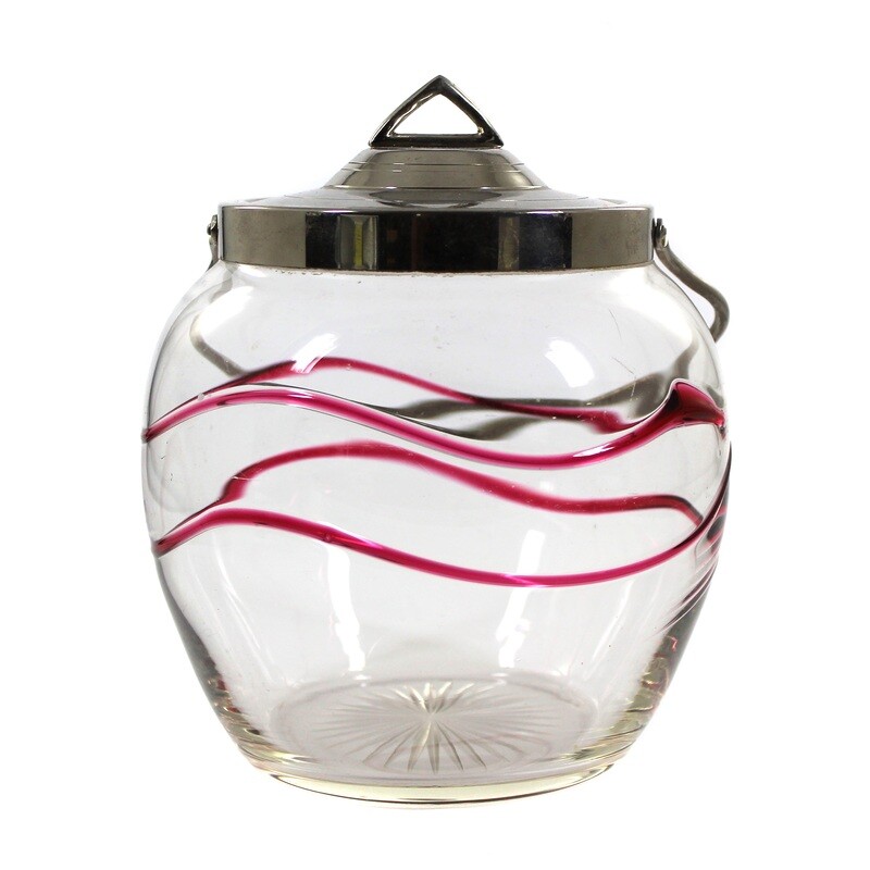 Lidded box made of colorless glass with applied red glass thread, Bavarian Forest