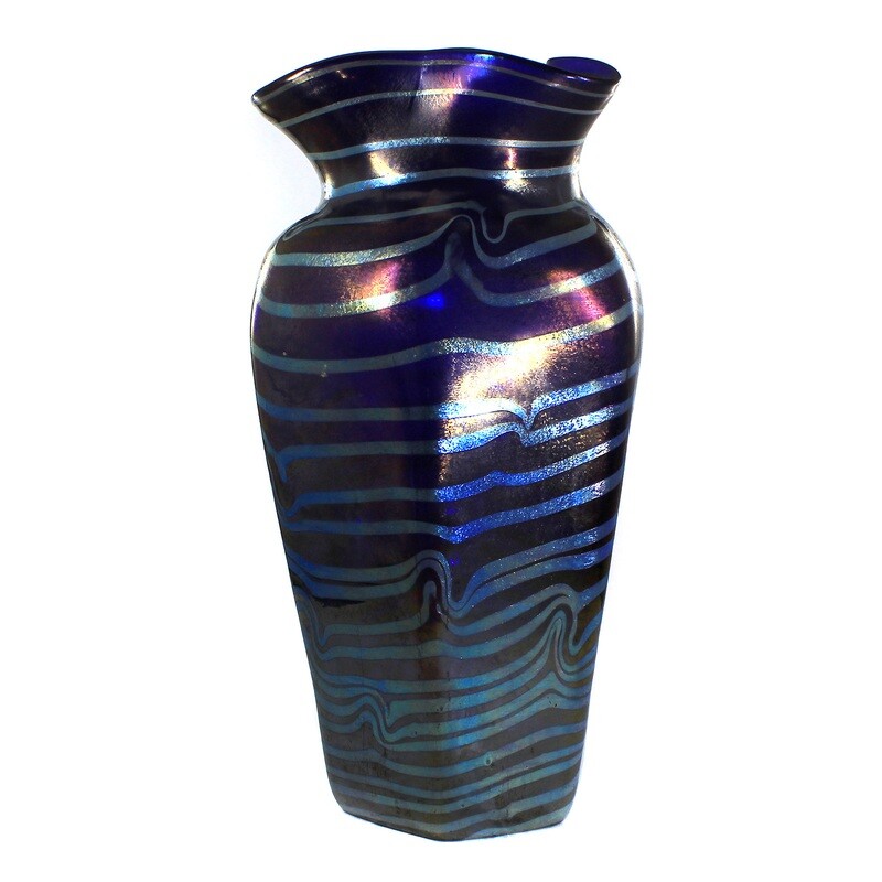 Large vase made of blue glass with silver yellow threads, Josephinenhütte, designed by De Maess