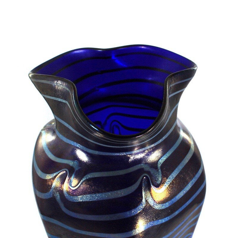 Large vase made of blue glass with silver yellow threads, Josephinenhütte, designed by De Maess
