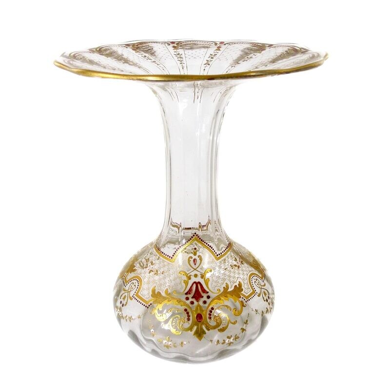 Large vase made of colorless glass with elaborate gold and enamel painting, Josephinenhütte