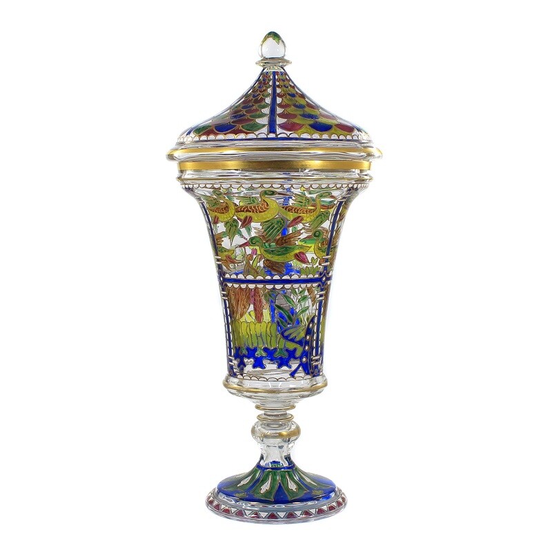 High lidded vase with Jodhpur decor, Josephinenhütte, dept. Fritz Heckert, signed