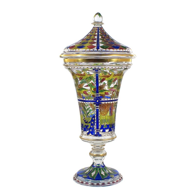 High lidded vase with Jodhpur decor, Josephinenhütte, dept. Fritz Heckert, signed