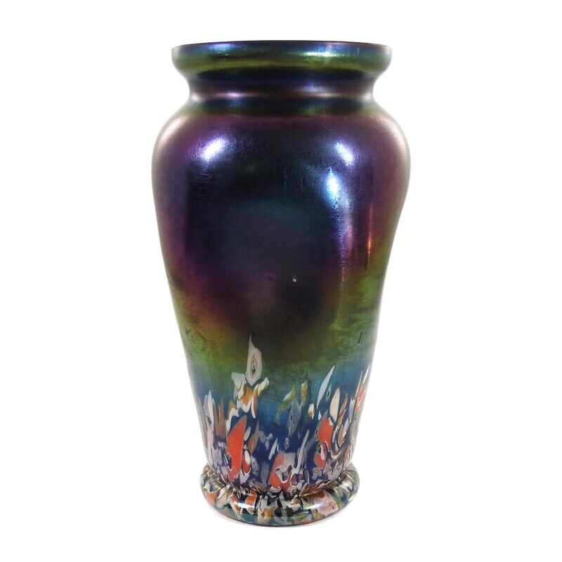 Art Nouveau vase with colored crumb melts, bronze Cyprus, probably Josephinenhütte