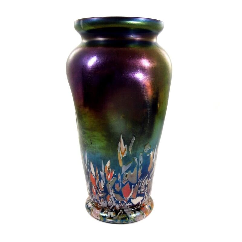 Art Nouveau vase with colored crumb melts, bronze Cyprus, probably Josephinenhütte
