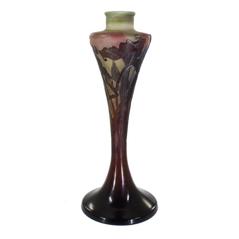 High lamp base with overlay, decor of iris flowers, fire-polished, Galle around 1902