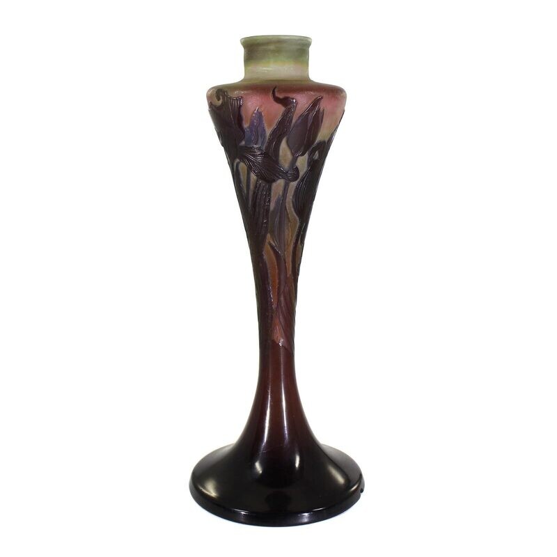 High lamp base with overlay, decor of iris flowers, fire-polished, Galle around 1902