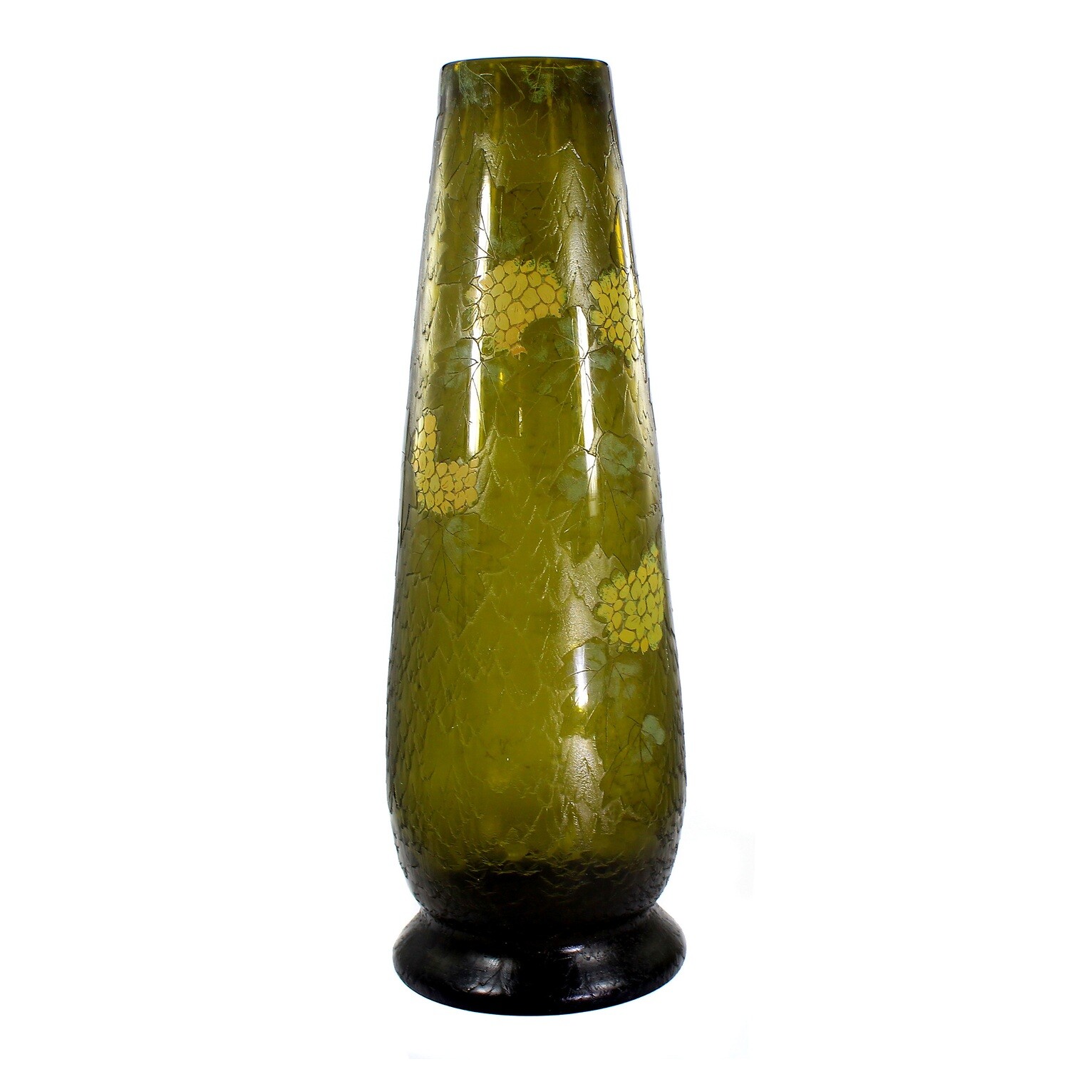 44 cm hohe Vase aus olivgrünem Glas mit geätztem Dekor, Legras um 1910