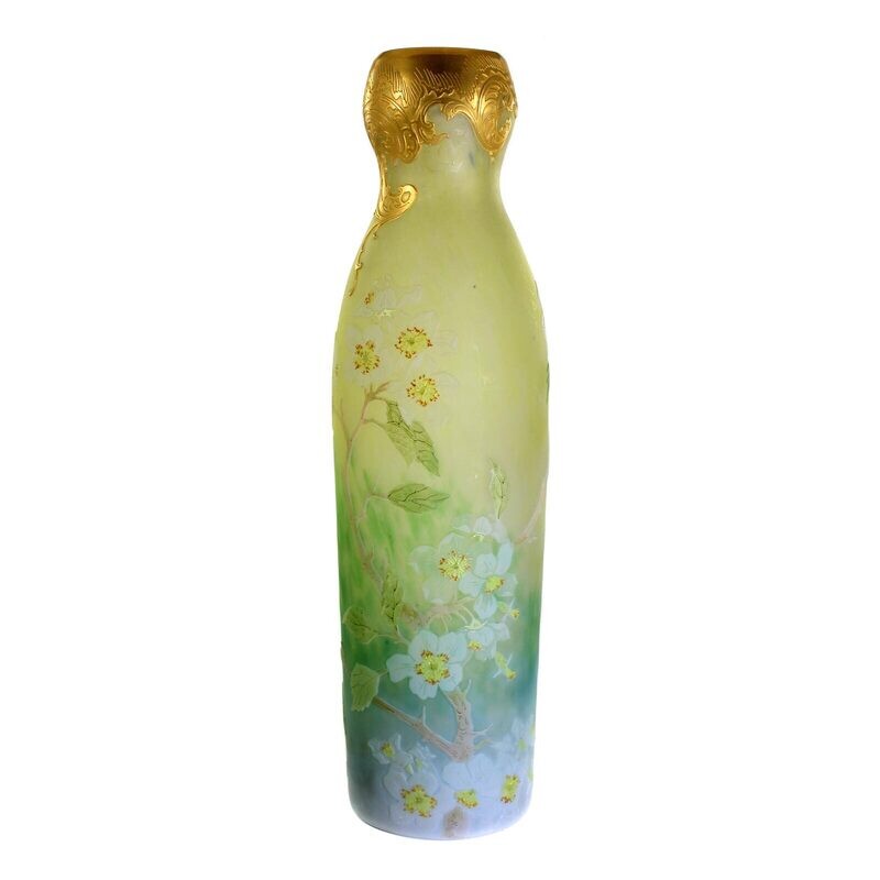 Large Art Nouveau vase with apple blossom decoration, signed Legras, around 1900