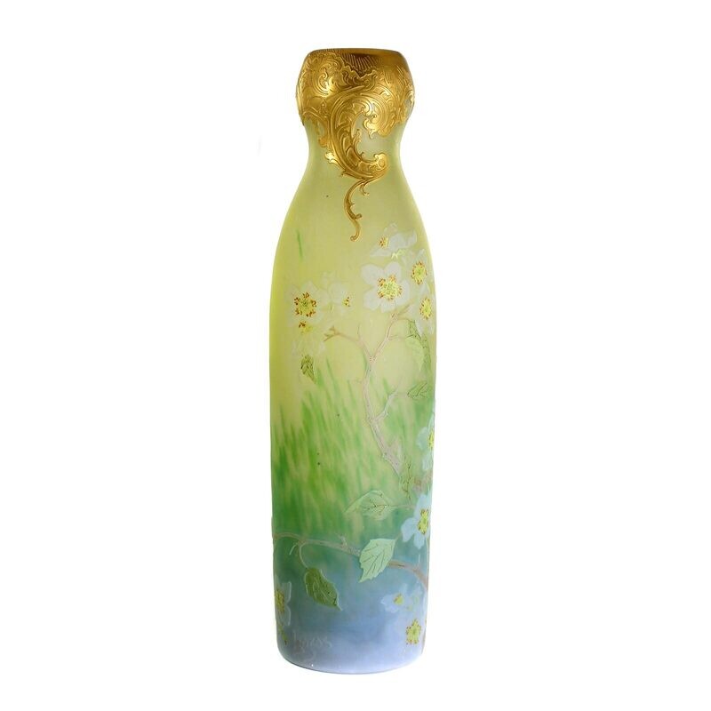 Large Art Nouveau vase with apple blossom decoration, signed Legras, around 1900