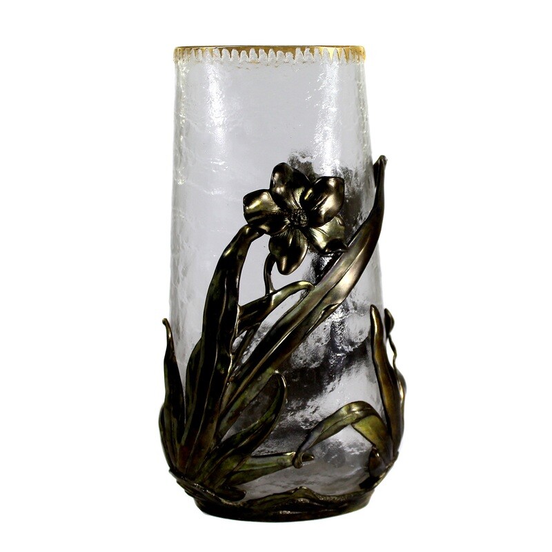 Art Nouveau vase with ice glass structure and metal fittings, Legras, van Hauten around 1900