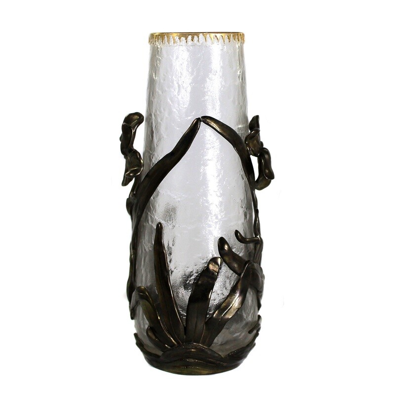 Art Nouveau vase with ice glass structure and metal fittings, Legras, van Hauten around 1900