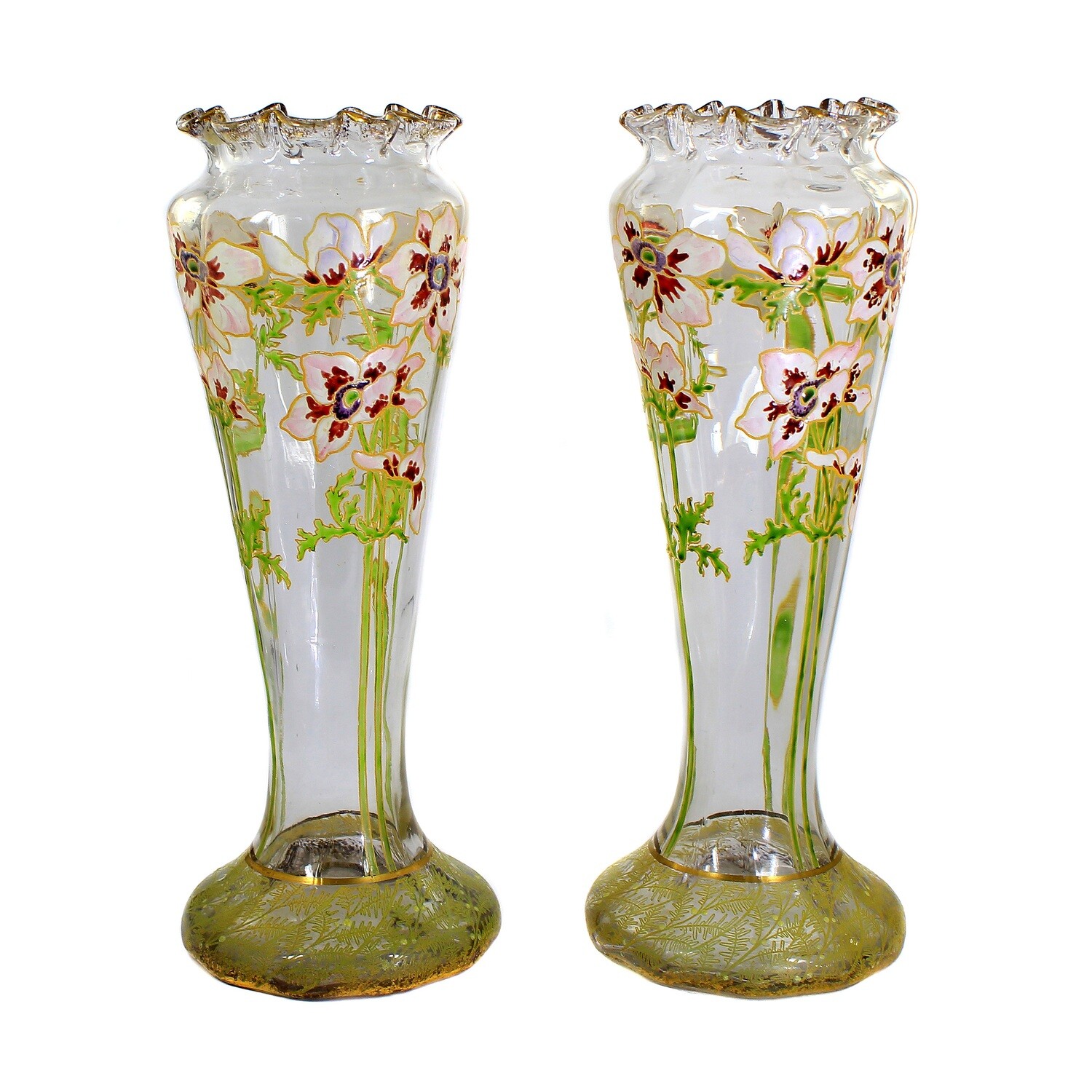 Pair of tall, clear glass vases with anemone decoration, Legras, around 1900