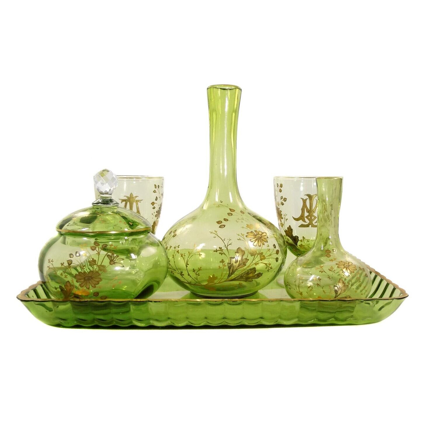 6-piece set made of pistachio-colored crystal glass, Bacarrat around 1903