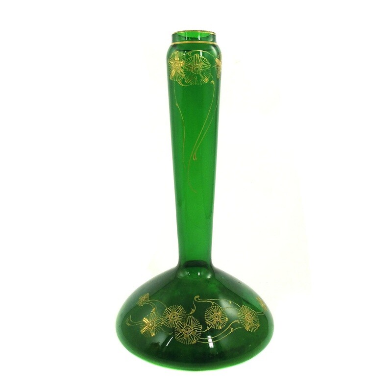 Art Nouveau vase made of dark green glass with gilded floral decoration, Saint Louis