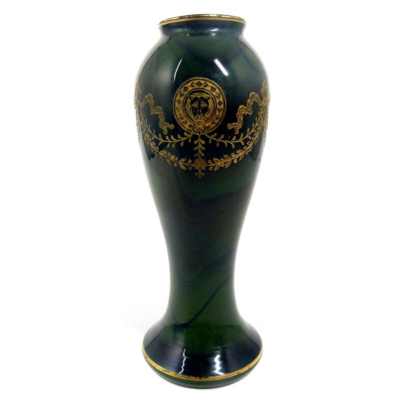 Kleine Vase aus malachitgrünem Steinglas mit Golddekor, Saint Louis um 1890-1900