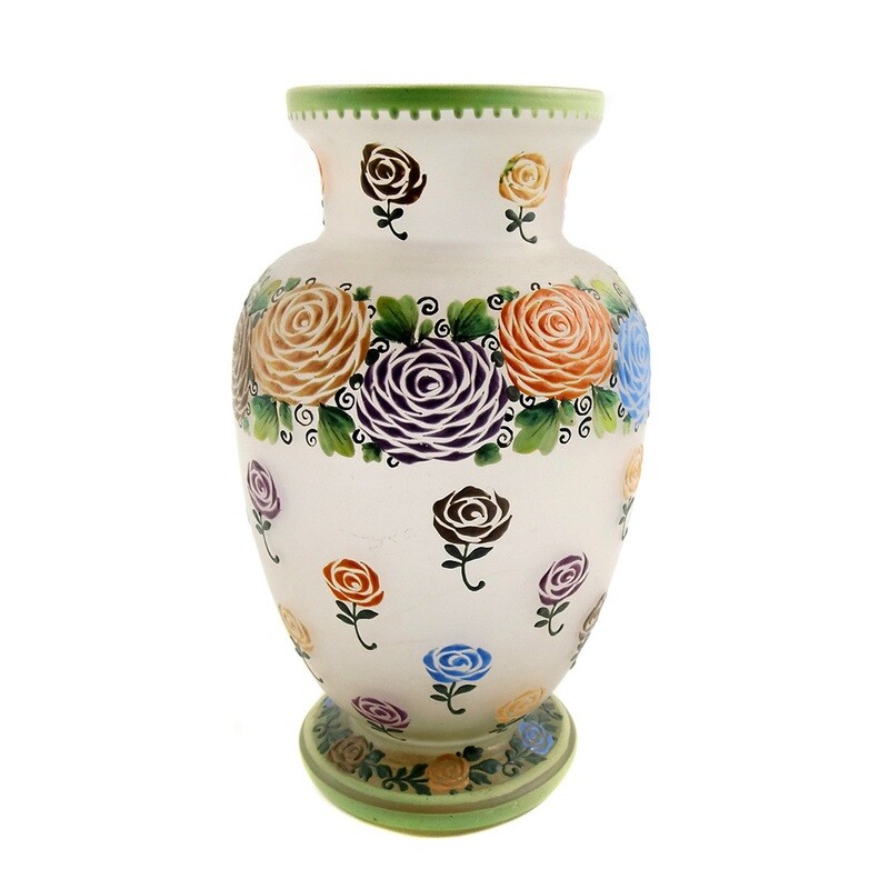 Small vase with colorful opaque enamel painting / rose decoration, France around 1910-20