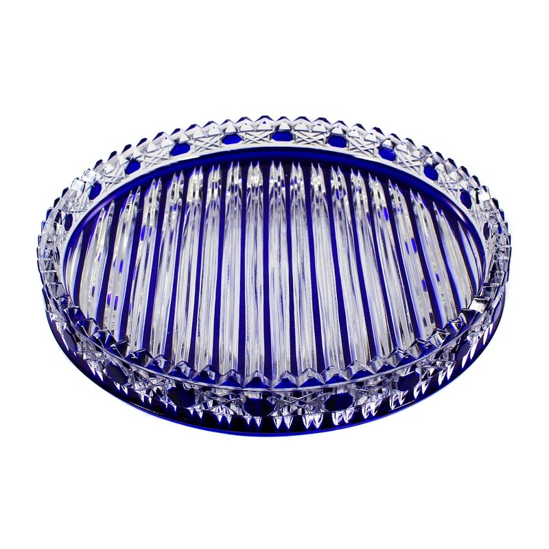 Round tray made of colorless crystal glass with cobalt blue overlay, Baccarat