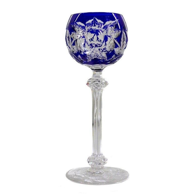 Stem glass with blue overlay and floral deep-cut decoration, Baccarat