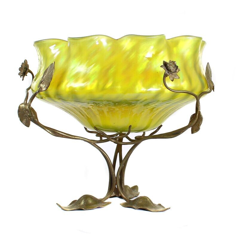 Large Art Nouveau bowl with floral brass fittings, Fritz Heckert, design Thamm