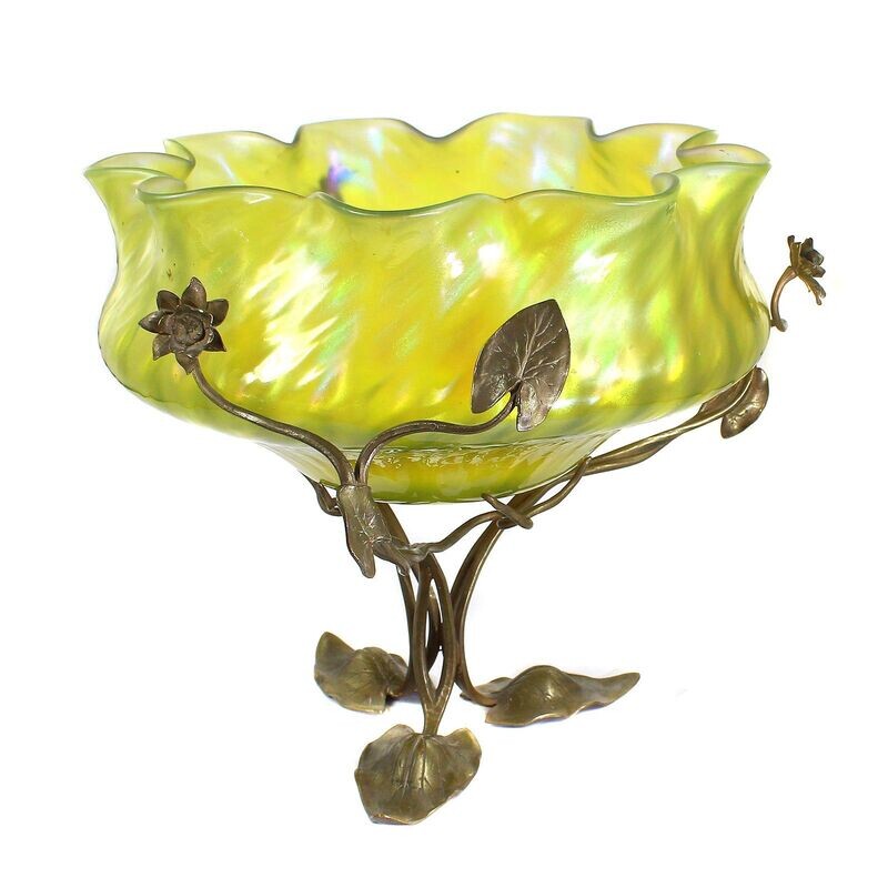 Large Art Nouveau bowl with floral brass fittings, Fritz Heckert, design Thamm