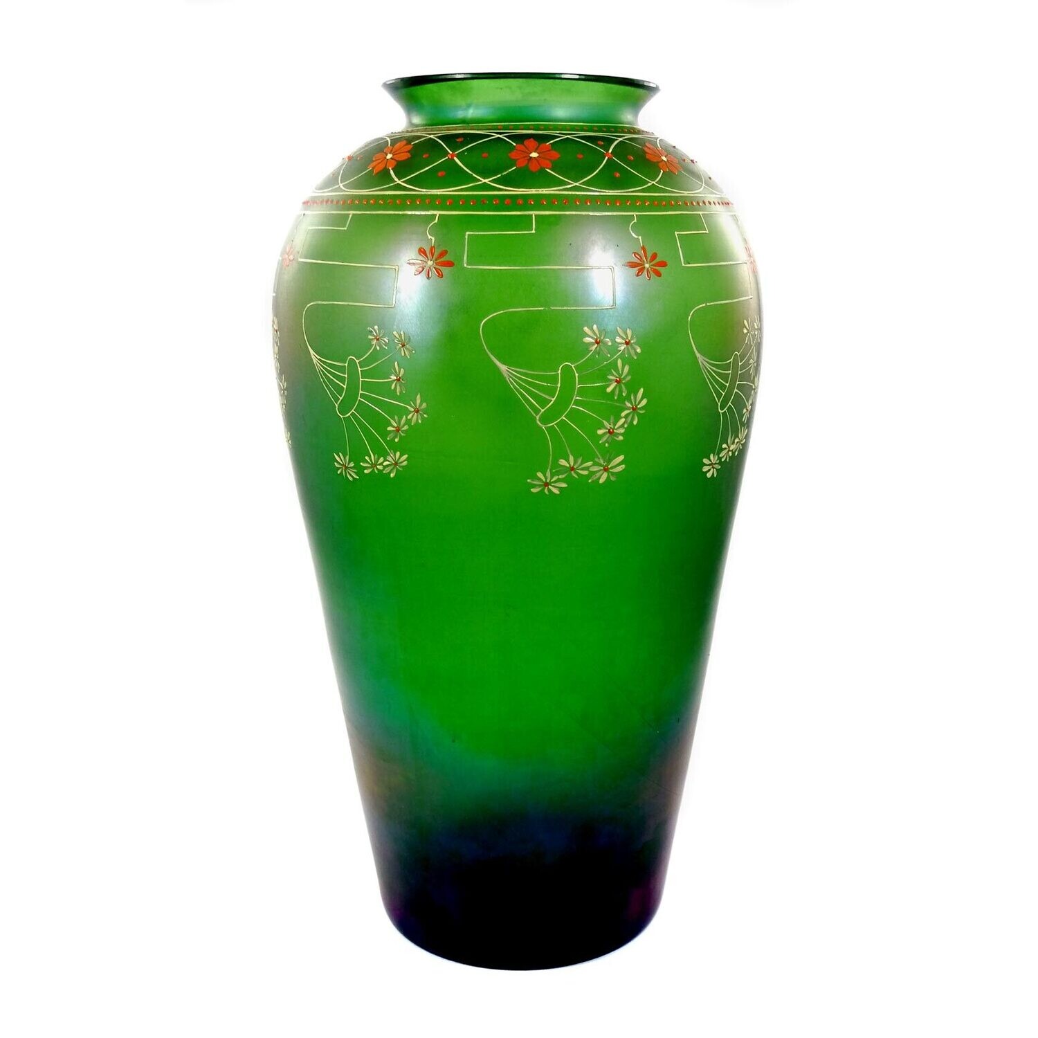 Large green glass vase with enamel painting, Fritz Heckert, duck. Sutterlin