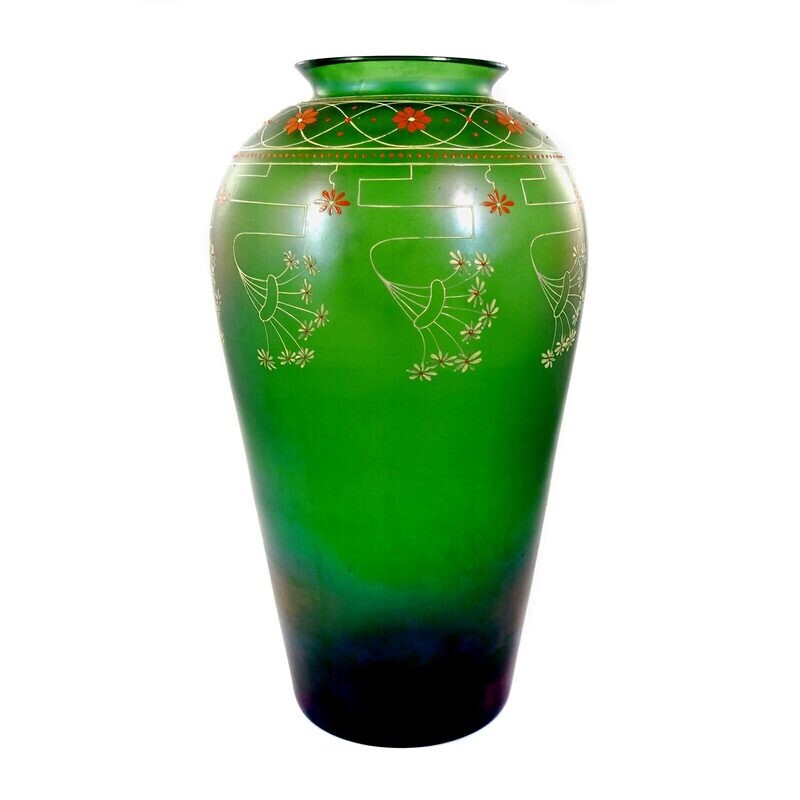 Large green glass vase with enamel painting, Fritz Heckert, duck. Sutterlin