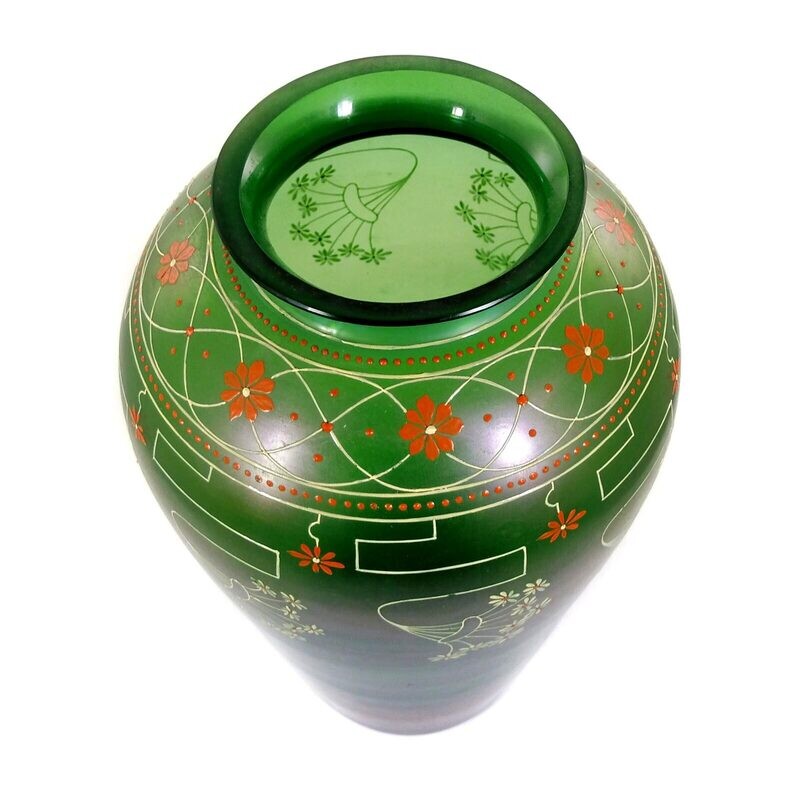 Large green glass vase with enamel painting, Fritz Heckert, duck. Sutterlin