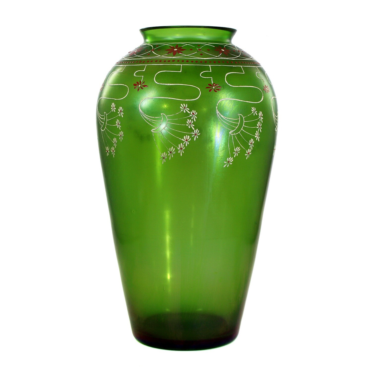 Grosse Vase aus grünem Glas mir Emailmalerei, Fritz Heckert, Entw. Sütterlin