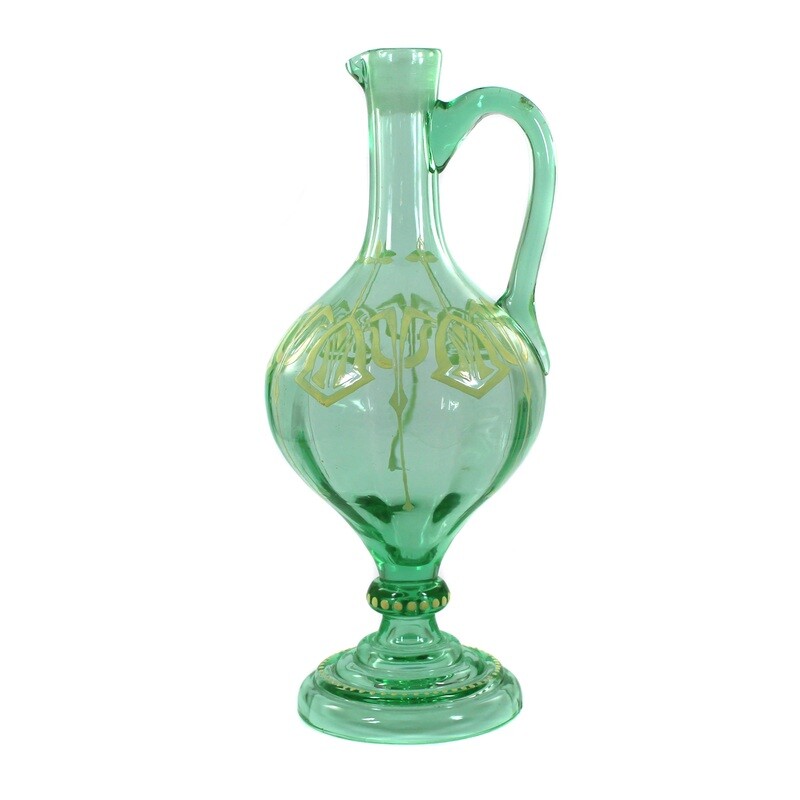 Handled jug made of light green glass with enamel painting, Fritz Heckert, designed by Sütterlin
