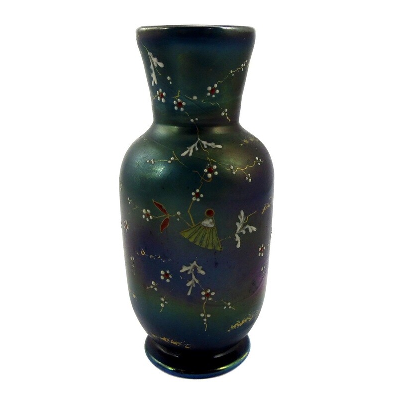 Art Nouveau vase with enamel painting, bronze Cyprus decor, Josephinenhütte / Heckert