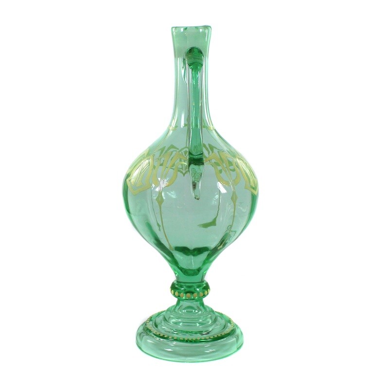 Handled jug made of light green glass with enamel painting, Fritz Heckert, designed by Sütterlin