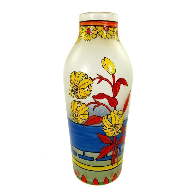 Vase with lilies and stork, Fritz Heckert, designed by Max Rade around 1900