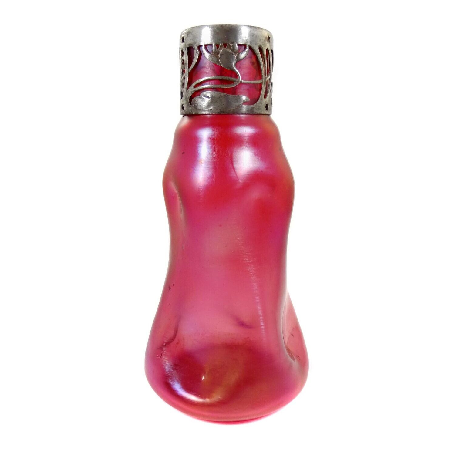 Art Nouveau vase made of rose-colored glass with metal fittings, Carl Stölzle, Suchenthal