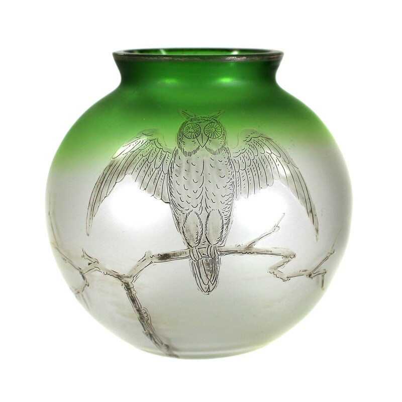 Spherical vase depicting an owl in silver overlay painting around 1920
