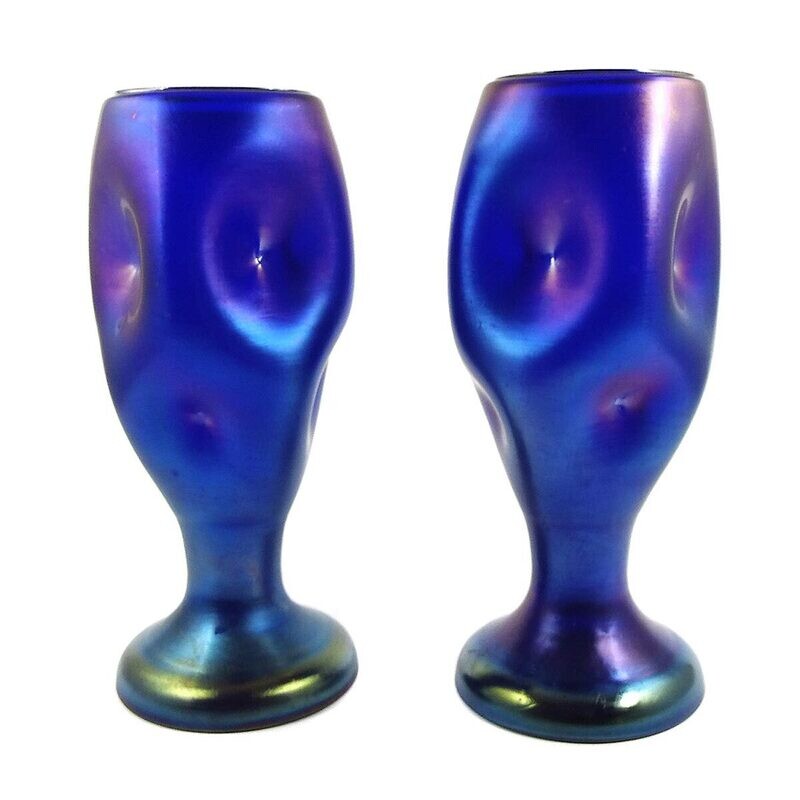 Pair of vases made of dark blue glass, dented several times, Carl Stölzle, Suchenthal