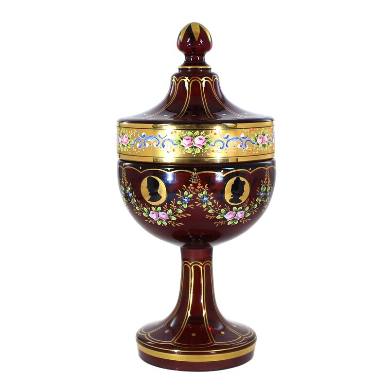 Lidded cup made of ruby red glazed glass, with opaque enamel painting, Bohemia