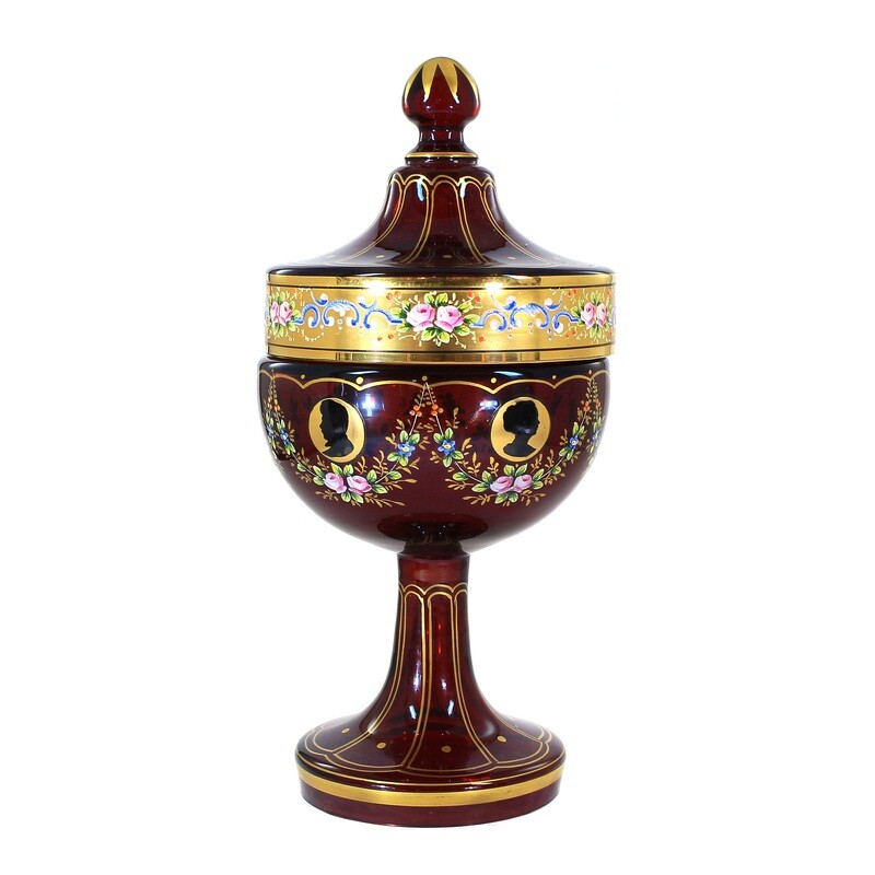 Lidded cup made of ruby red glazed glass, with opaque enamel painting, Bohemia