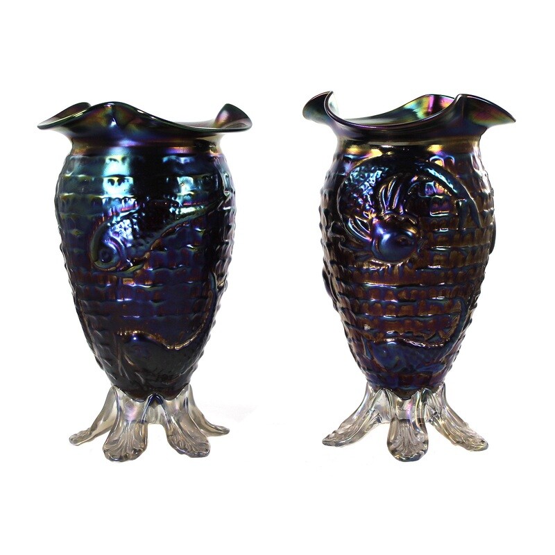 Pair of rare vases made of ruby red glass with fish decoration, Bohemia around 1900