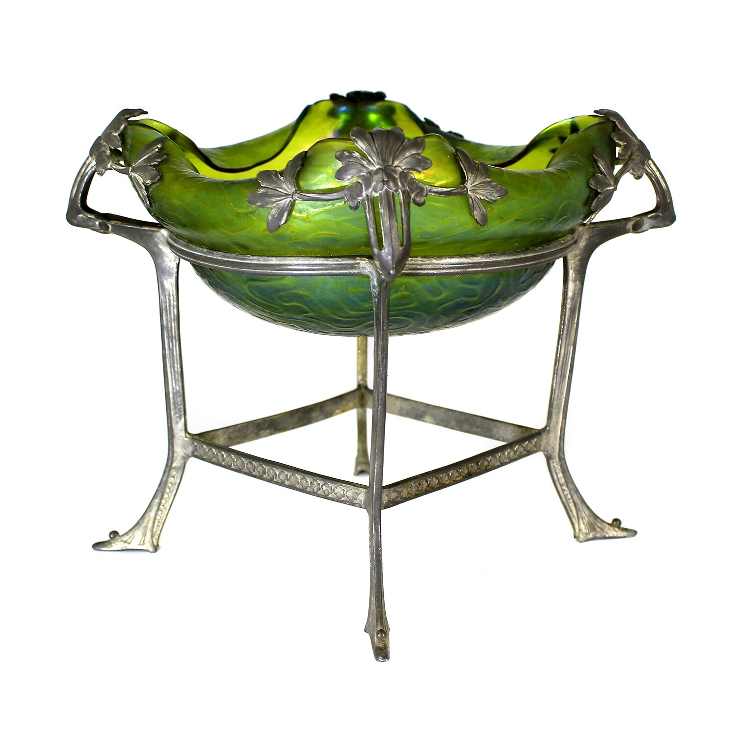 Art Nouveau bowl made of green glass with metal fittings, Bohemia around 1900