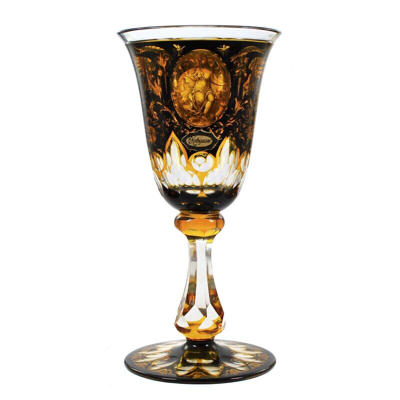 Large cup, glazed amber with Schwarzlot painting after Kothgasser