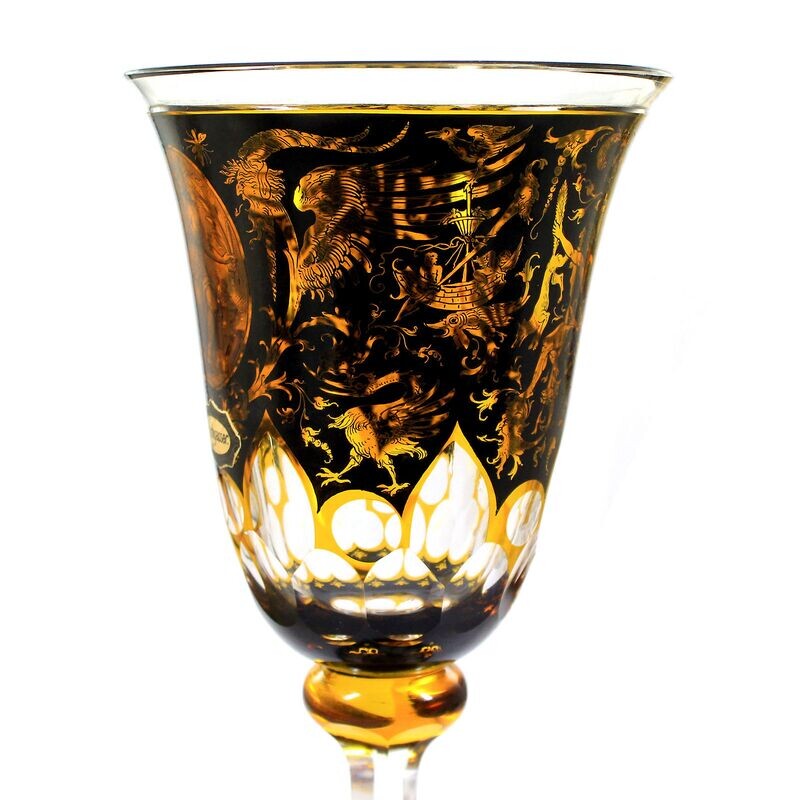 Large cup, glazed amber with Schwarzlot painting after Kothgasser