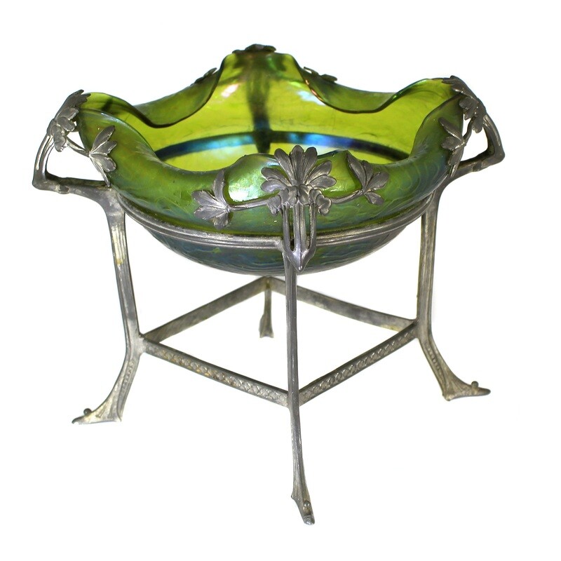 Art Nouveau bowl made of green glass with metal fittings, Bohemia around 1900