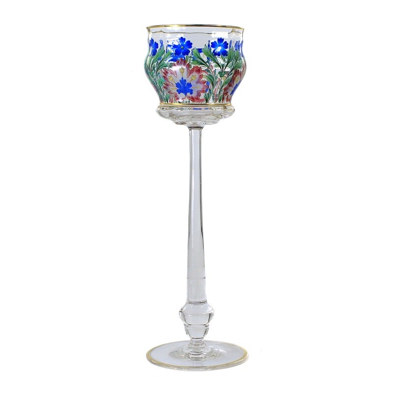 Tall stemmed glass with colorful transparent enamel painting, Meyr&#39;s nephew around 1900.