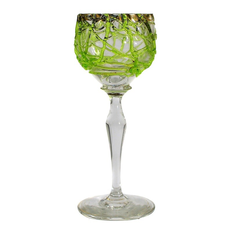 1st of 2. Stem glass with applied green thread decoration, Bohemia around 1900