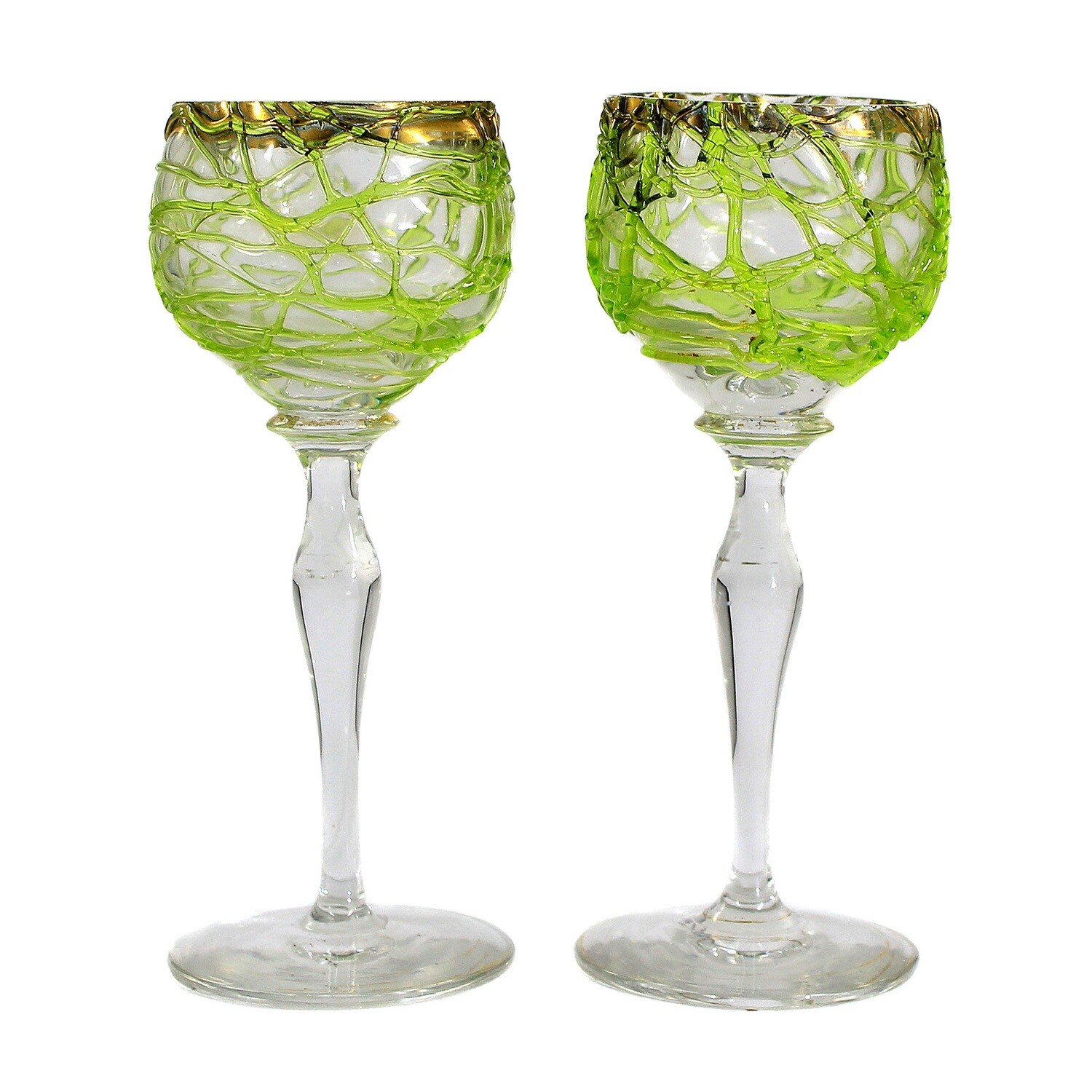 1st of 2. Stem glass with applied green thread decoration, Bohemia around 1900
