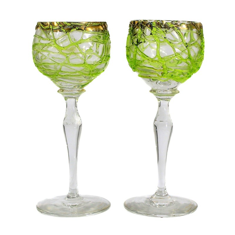 1st of 2. Stem glass with applied green thread decoration, Bohemia around 1900
