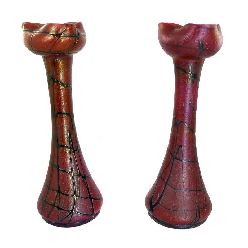 Pair of large vases made of liver-red glass with thread melting, Pallme König