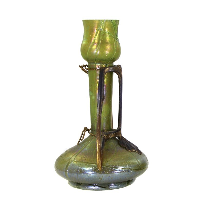 Pair of vases made of light green uranium glass with metal fittings, Glasfabrik Elisabeth