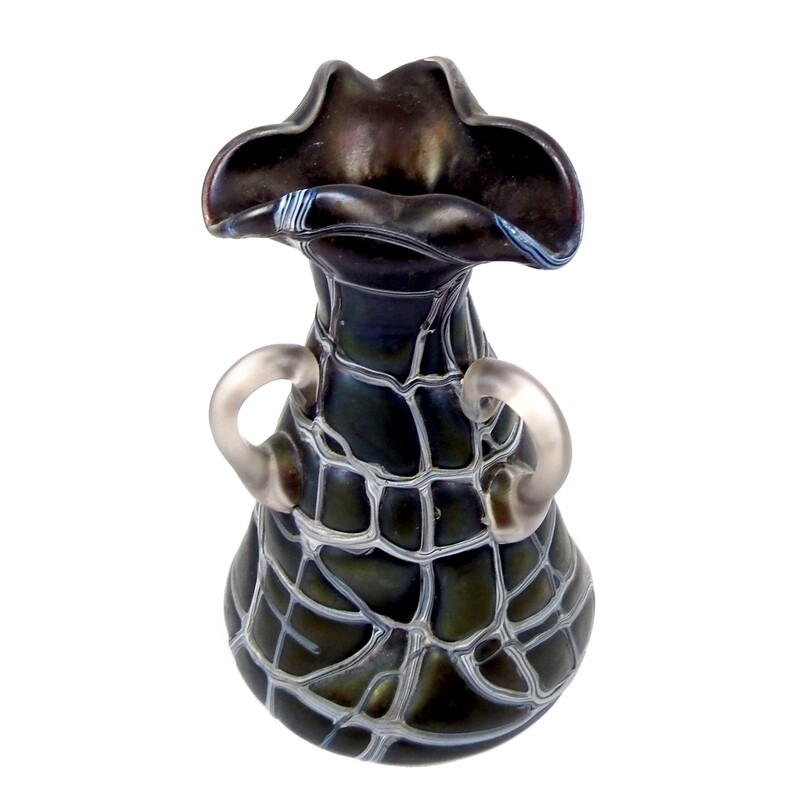 Decorative handle vase with irregular glass threads, Elisabeth glass factory around 1900-05