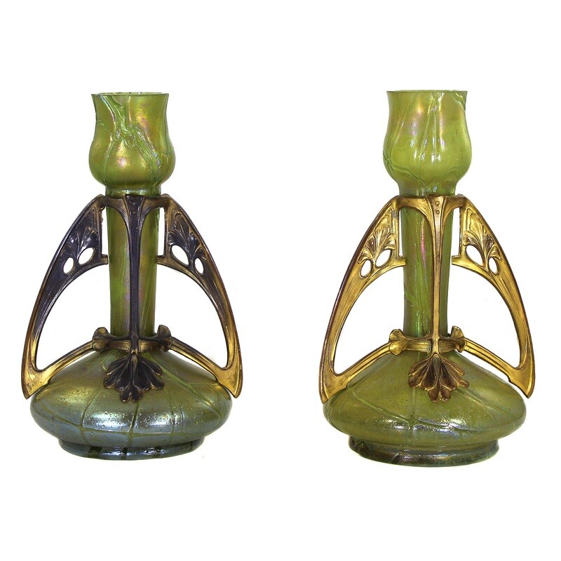 Pair of vases made of light green uranium glass with metal fittings, Glasfabrik Elisabeth